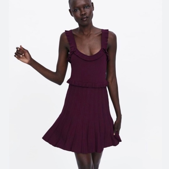 Purple Deep Burgundy Pleated Mini Zara Dress - Picture 2 of 6